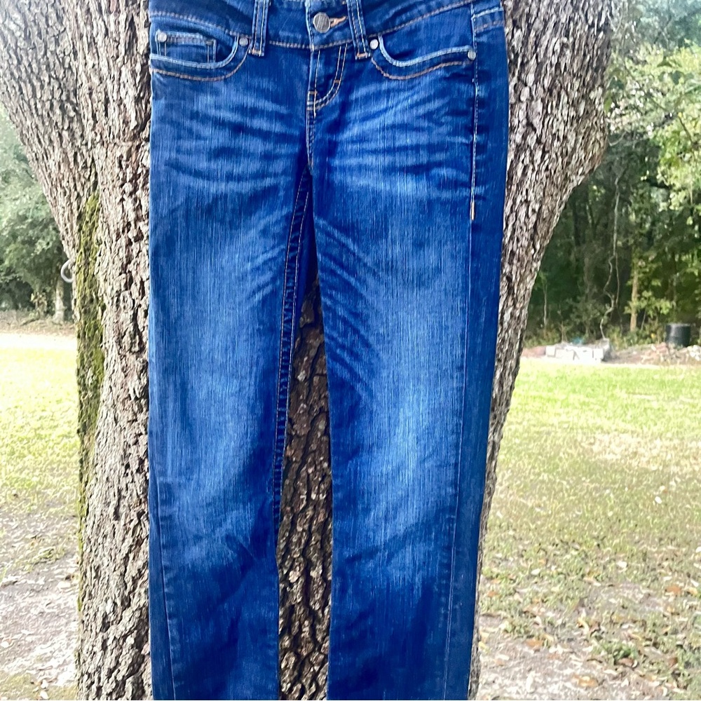 BKE DENIM STELLA 25 R DARK WASH BLUE JEANS GUC FIVE POCKET LOW RISE STRAIGHT LEG - Picture 2 of 10